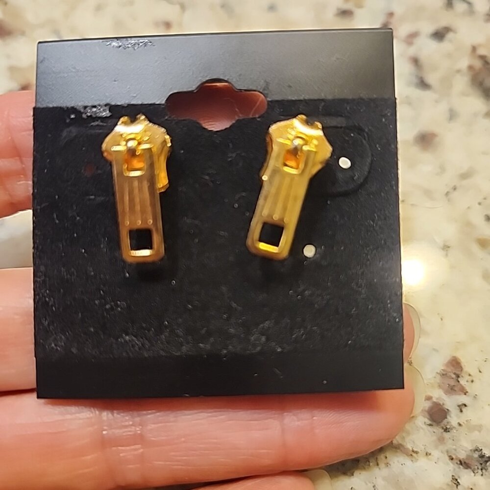 Vintage Yellow Gold Tone Zipper Pull Earrings 1”